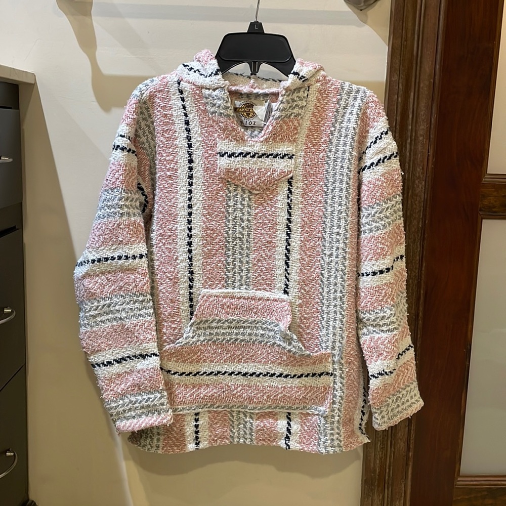 Kids pullover, hooded, Mexican drug rug. Front pocket.